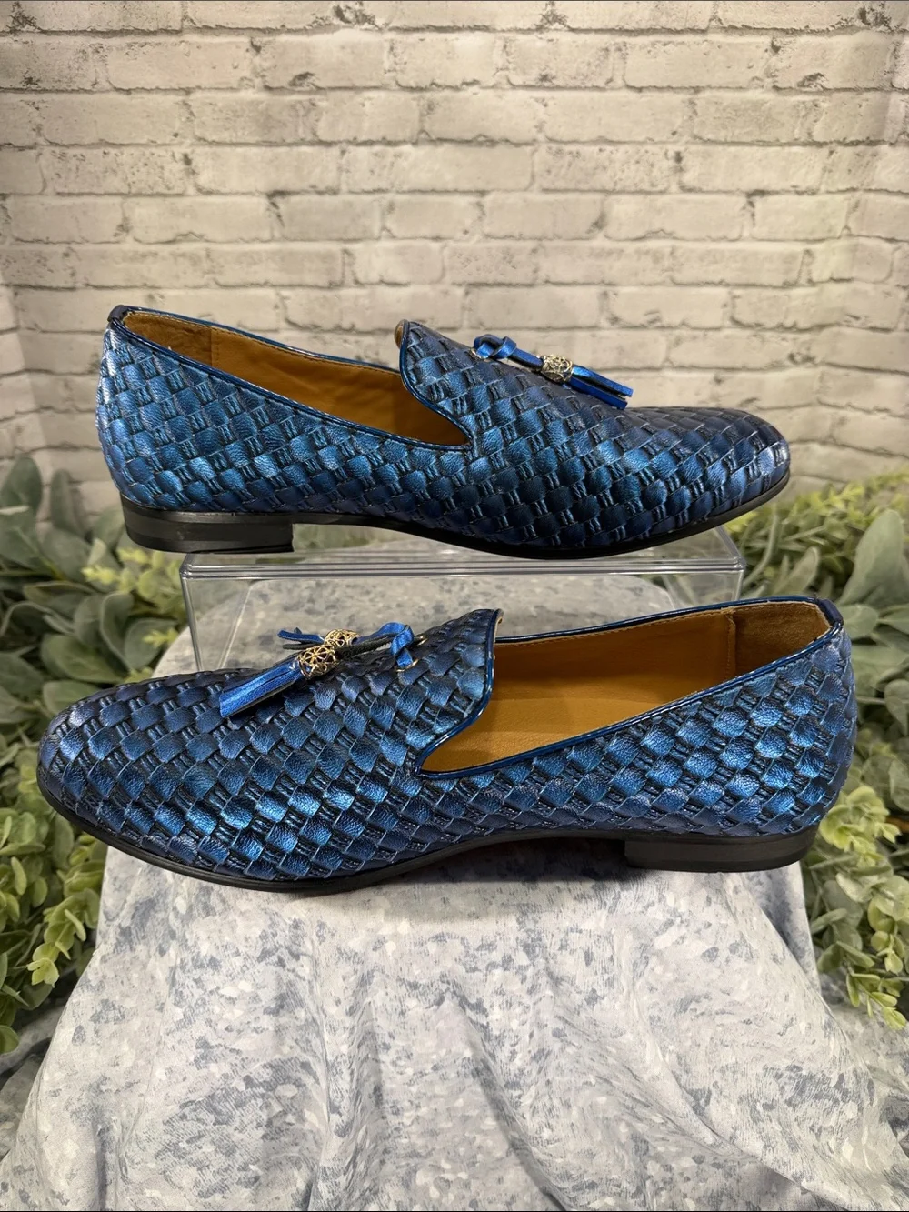 JITAI - Metallic Blue Faux Leather Basket Weave Tassel Fashion Loafers Mens 11.5